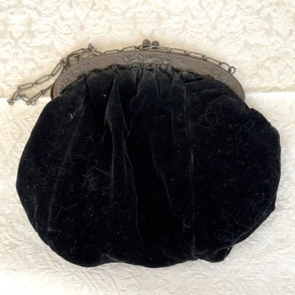 Antique Victorian Bag Black Velvet Purse Ornate Metal Frame Roses 1800’s w Chain